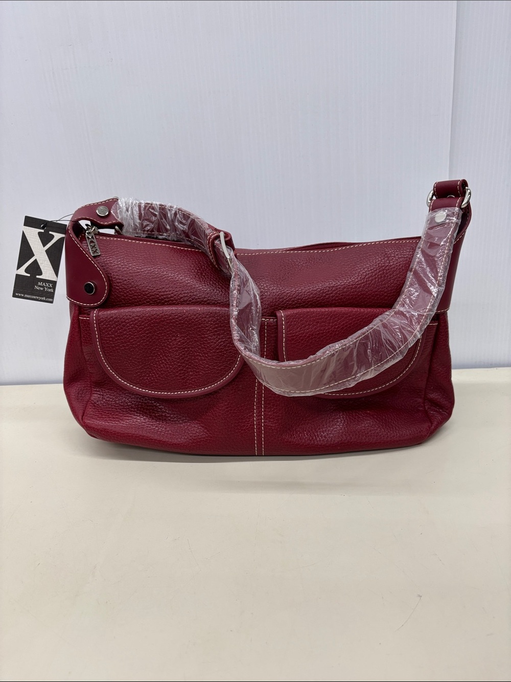 Maxx New York Burgundy Pebbled Shoulder Bag with Front Pockets